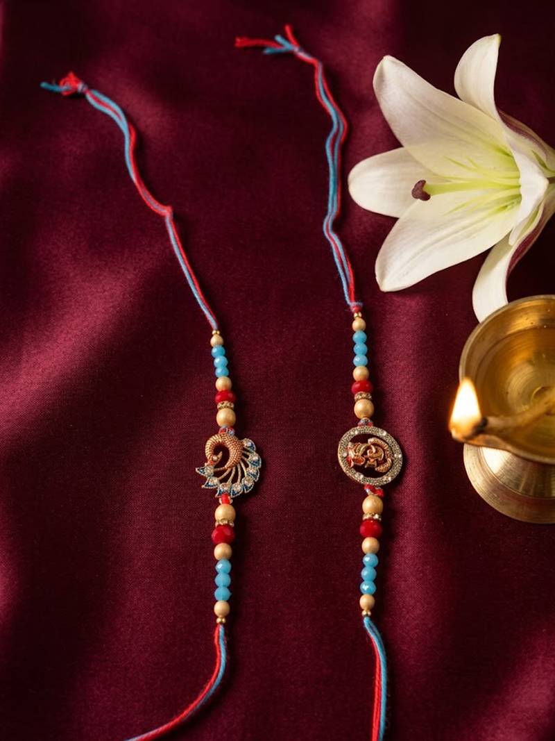 set of 2 multicolor artificial beads thread rakhi with roli chawal chandan mishri