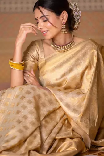 beige silk blend zari woven saree