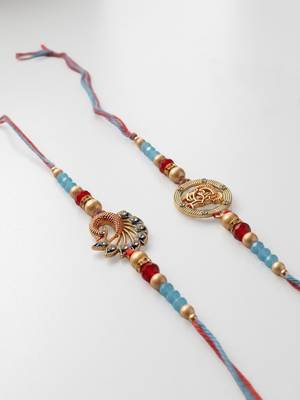 set of 2 multicolor artificial beads thread rakhi with roli chawal chandan mishri 2