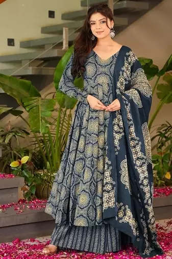 Floral printed muslin v neck navy-blue anarkali set