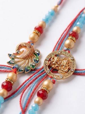 set of 2 multicolor artificial beads thread rakhi with roli chawal chandan mishri 3