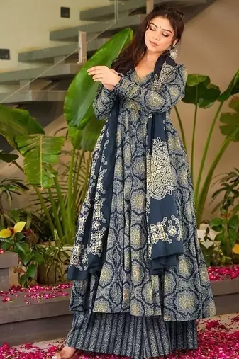 Floral printed muslin v neck navy-blue anarkali set