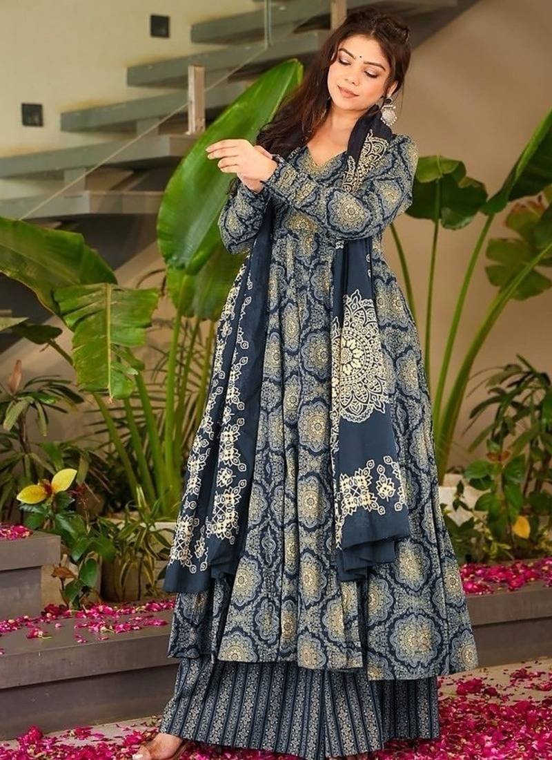 Floral printed muslin v neck navy-blue anarkali set