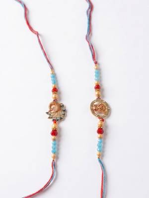 set of 2 multicolor artificial beads thread rakhi with roli chawal chandan mishri 4