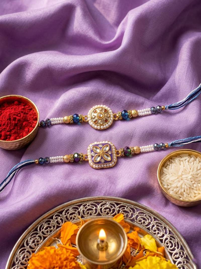 set of 2 white pearls thread rakhi with roli chawal chandan mishri
