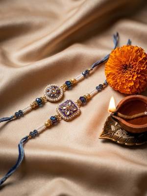 set of 2 white pearls thread rakhi with roli chawal chandan mishri 2