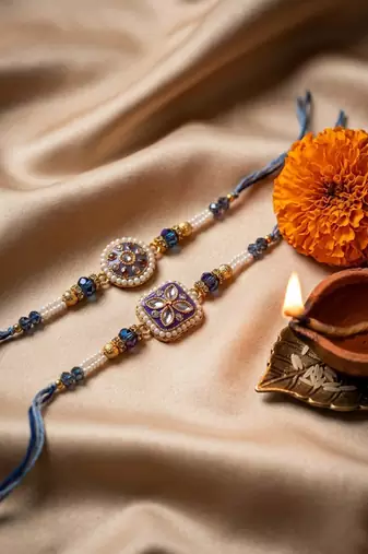 set of 2 white pearls thread rakhi with roli chawal chandan mishri