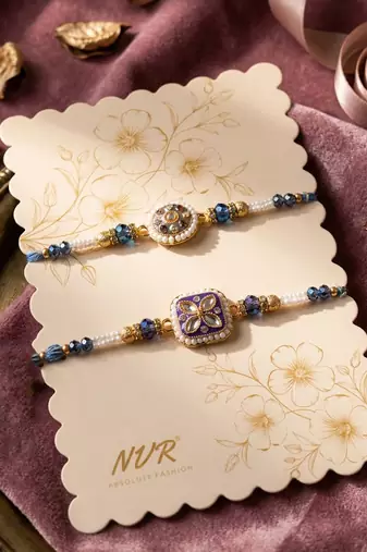 set of 2 white pearls thread rakhi with roli chawal chandan mishri