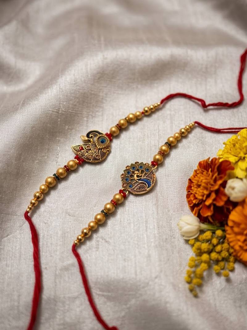 set of 2 peacock & ghungroo design multicolor thread rakhi with roli chawal chandan