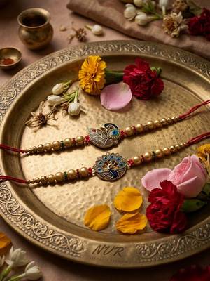 set of 2 peacock & ghungroo design multicolor thread rakhi with roli chawal chandan 2