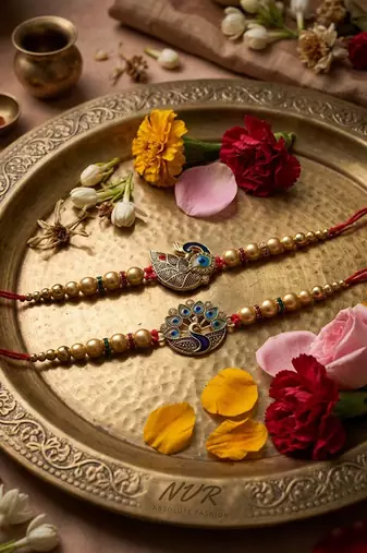 set of 2 peacock & ghungroo design multicolor thread rakhi with roli chawal chandan