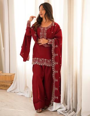 Women's Gorgeous Embroidery Roman Silk Fabric Straight Kurta Shalwar and Dupatta Set 1