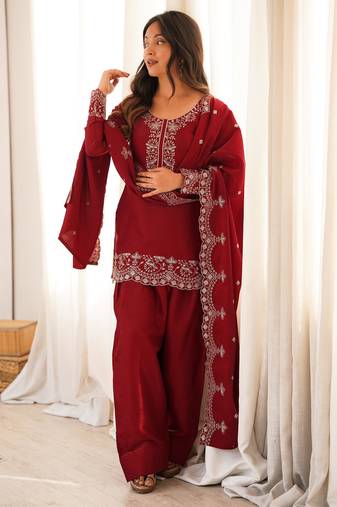 Women's Gorgeous Embroidery Roman Silk Fabric Straight Kurta Shalwar and Dupatta Set