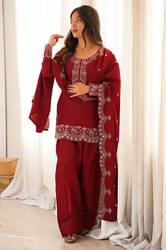 Women's Gorgeous Embroidery Roman Silk Fabric Straight Kurta Shalwar and Dupatta Set