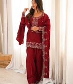 Women's Gorgeous Embroidery Roman Silk Fabric Straight Kurta Shalwar and Dupatta Set
