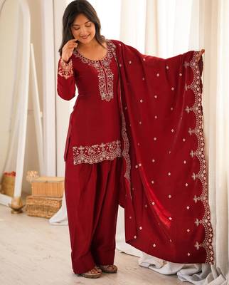 Women's Gorgeous Embroidery Roman Silk Fabric Straight Kurta Shalwar and Dupatta Set 3