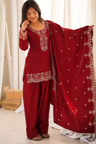 Women's Gorgeous Embroidery Roman Silk Fabric Straight Kurta Shalwar and Dupatta Set