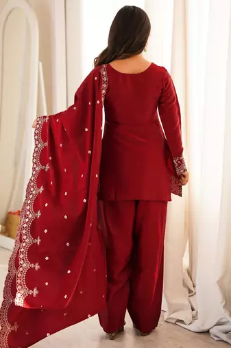 Women's Gorgeous Embroidery Roman Silk Fabric Straight Kurta Shalwar and Dupatta Set