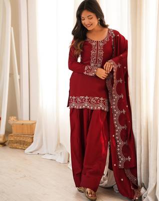 Women's Gorgeous Embroidery Roman Silk Fabric Straight Kurta Shalwar and Dupatta Set 5