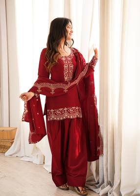 Women's Gorgeous Embroidery Roman Silk Fabric Straight Kurta Shalwar and Dupatta Set 6