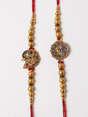 set of 2 peacock & ghungroo design multicolor thread rakhi with roli chawal chandan 3
