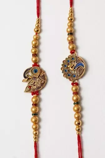 set of 2 peacock & ghungroo design multicolor thread rakhi with roli chawal chandan