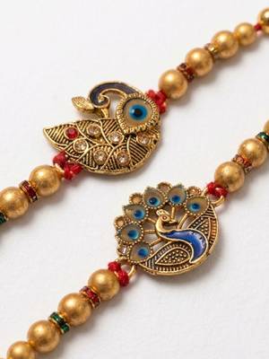 set of 2 peacock & ghungroo design multicolor thread rakhi with roli chawal chandan 4
