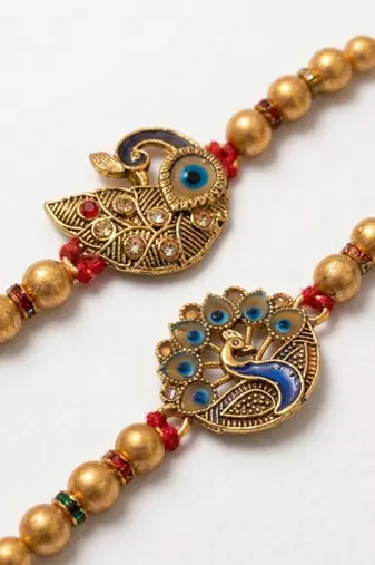 set of 2 peacock & ghungroo design multicolor thread rakhi with roli chawal chandan