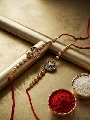 set of 2 peacock & ghungroo design multicolor thread rakhi with roli chawal chandan 5