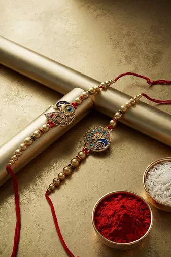 set of 2 peacock & ghungroo design multicolor thread rakhi with roli chawal chandan
