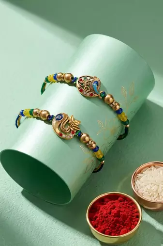set of 2 multicolor artificial stones & beads thread rakhi with roli chawal chandan