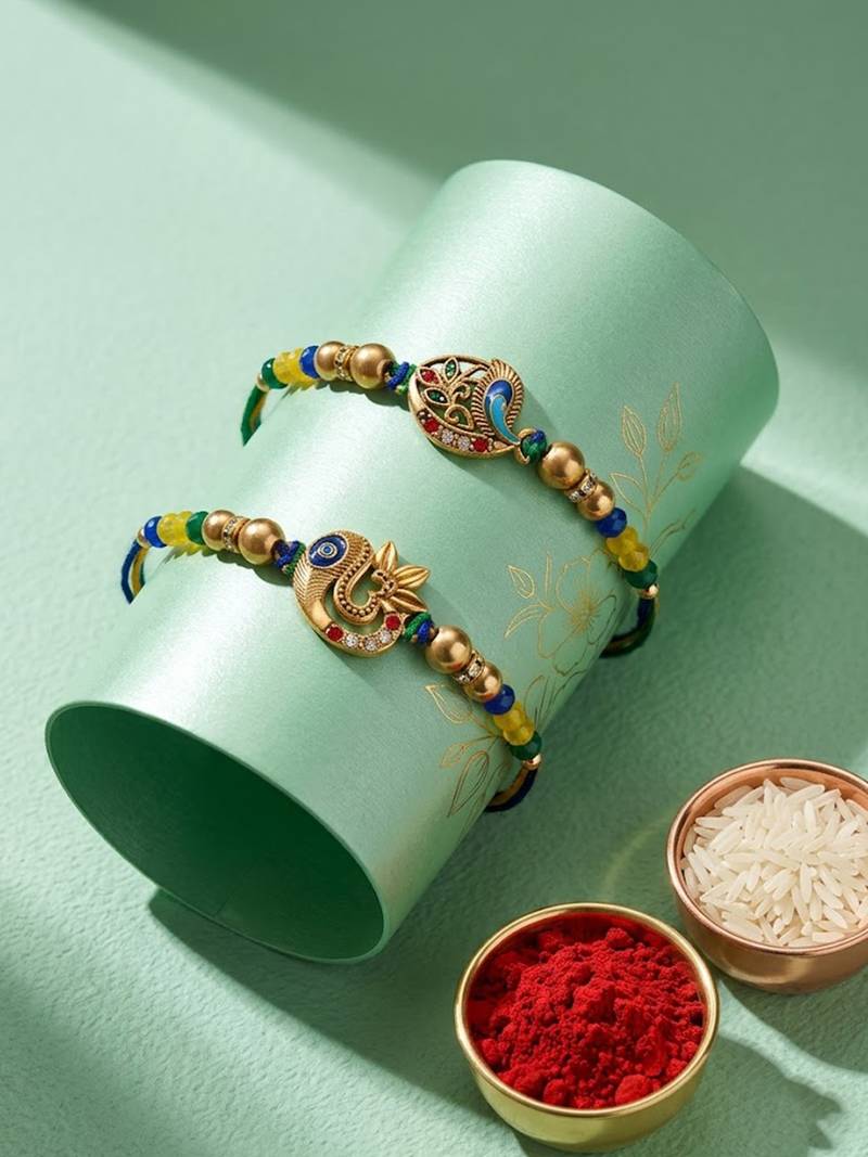 set of 2 multicolor artificial stones & beads thread rakhi with roli chawal chandan