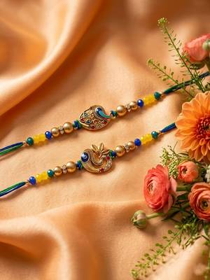 set of 2 multicolor artificial stones & beads thread rakhi with roli chawal chandan 2