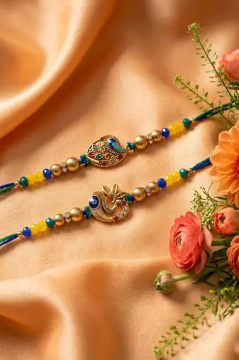 set of 2 multicolor artificial stones & beads thread rakhi with roli chawal chandan