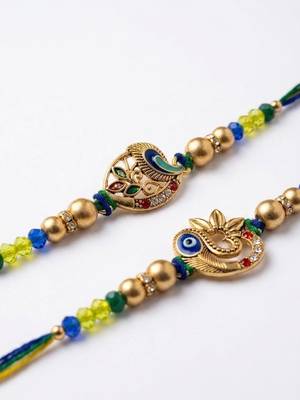set of 2 multicolor artificial stones & beads thread rakhi with roli chawal chandan 3