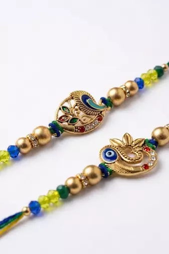 set of 2 multicolor artificial stones & beads thread rakhi with roli chawal chandan