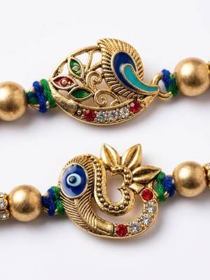 set of 2 multicolor artificial stones & beads thread rakhi with roli chawal chandan 4