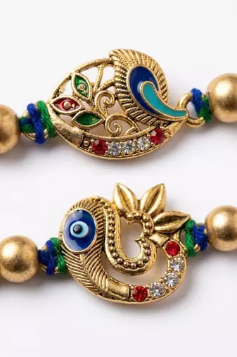 set of 2 multicolor artificial stones & beads thread rakhi with roli chawal chandan