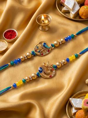 set of 2 multicolor artificial stones & beads thread rakhi with roli chawal chandan 5
