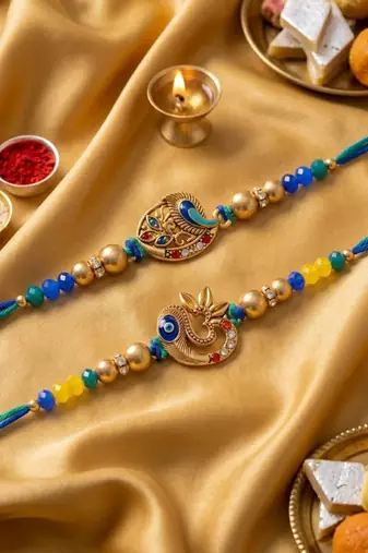 set of 2 multicolor artificial stones & beads thread rakhi with roli chawal chandan