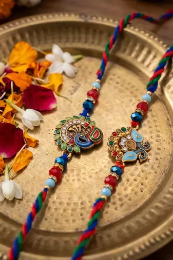 set of 2 multicolor artificial stones & beads thread rakhi with roli chawal chandan