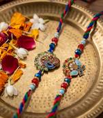 set of 2 multicolor artificial stones & beads thread rakhi with roli chawal chandan