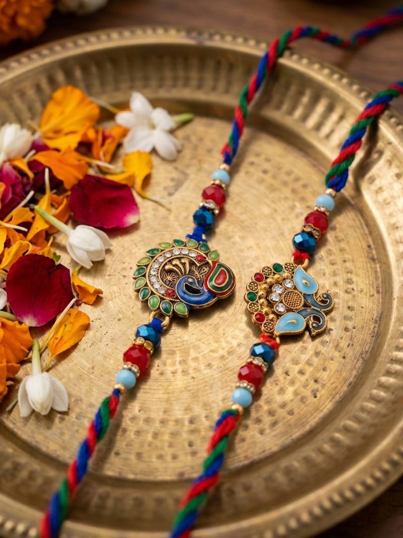 set of 2 multicolor artificial stones & beads thread rakhi with roli chawal chandan