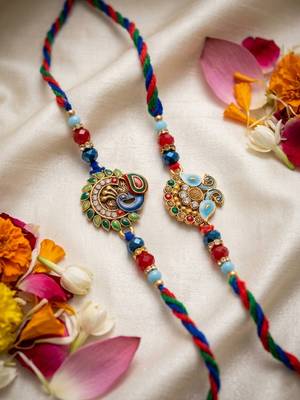 set of 2 multicolor artificial stones & beads thread rakhi with roli chawal chandan 2