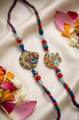 set of 2 multicolor artificial stones & beads thread rakhi with roli chawal chandan