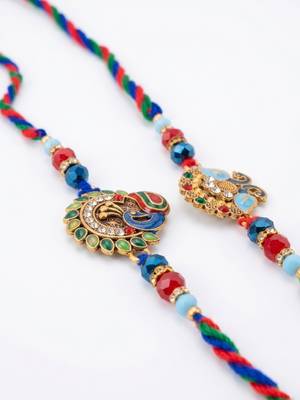 set of 2 multicolor artificial stones & beads thread rakhi with roli chawal chandan 3