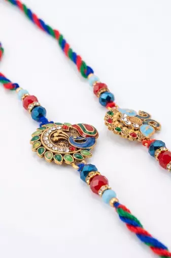 set of 2 multicolor artificial stones & beads thread rakhi with roli chawal chandan