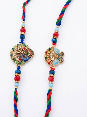 set of 2 multicolor artificial stones & beads thread rakhi with roli chawal chandan 4