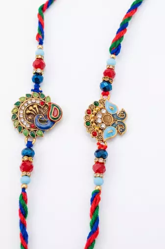 set of 2 multicolor artificial stones & beads thread rakhi with roli chawal chandan