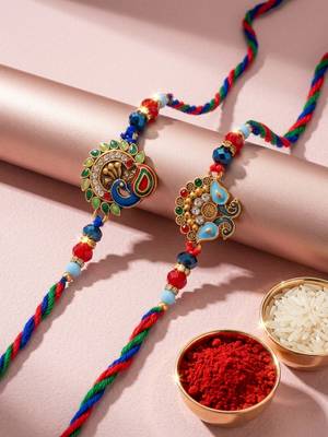 set of 2 multicolor artificial stones & beads thread rakhi with roli chawal chandan 5